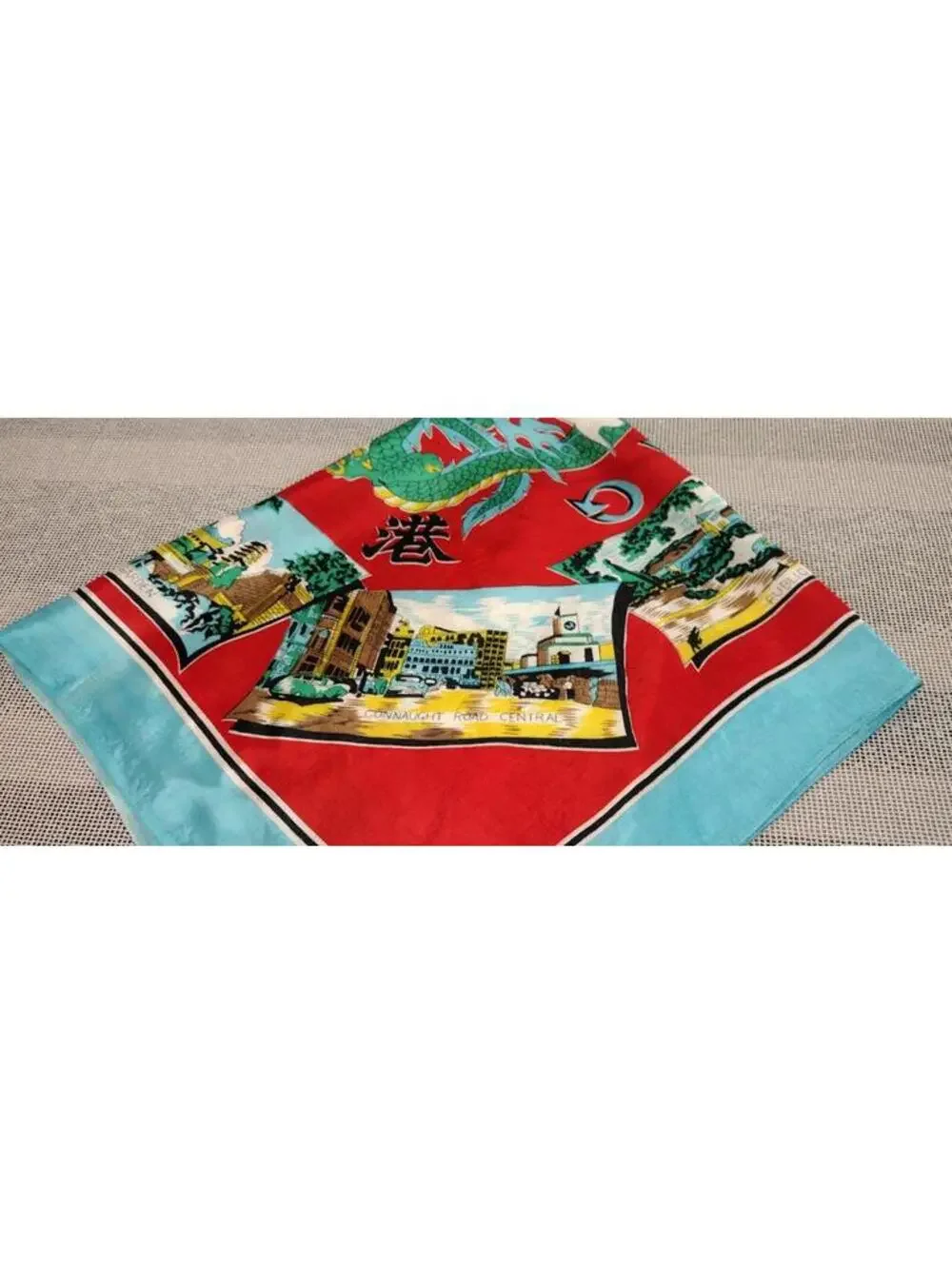 Vintage 1940s 50s Green Dragon Scarf HONG KONG Bably Blue Chinese Red Landscapes